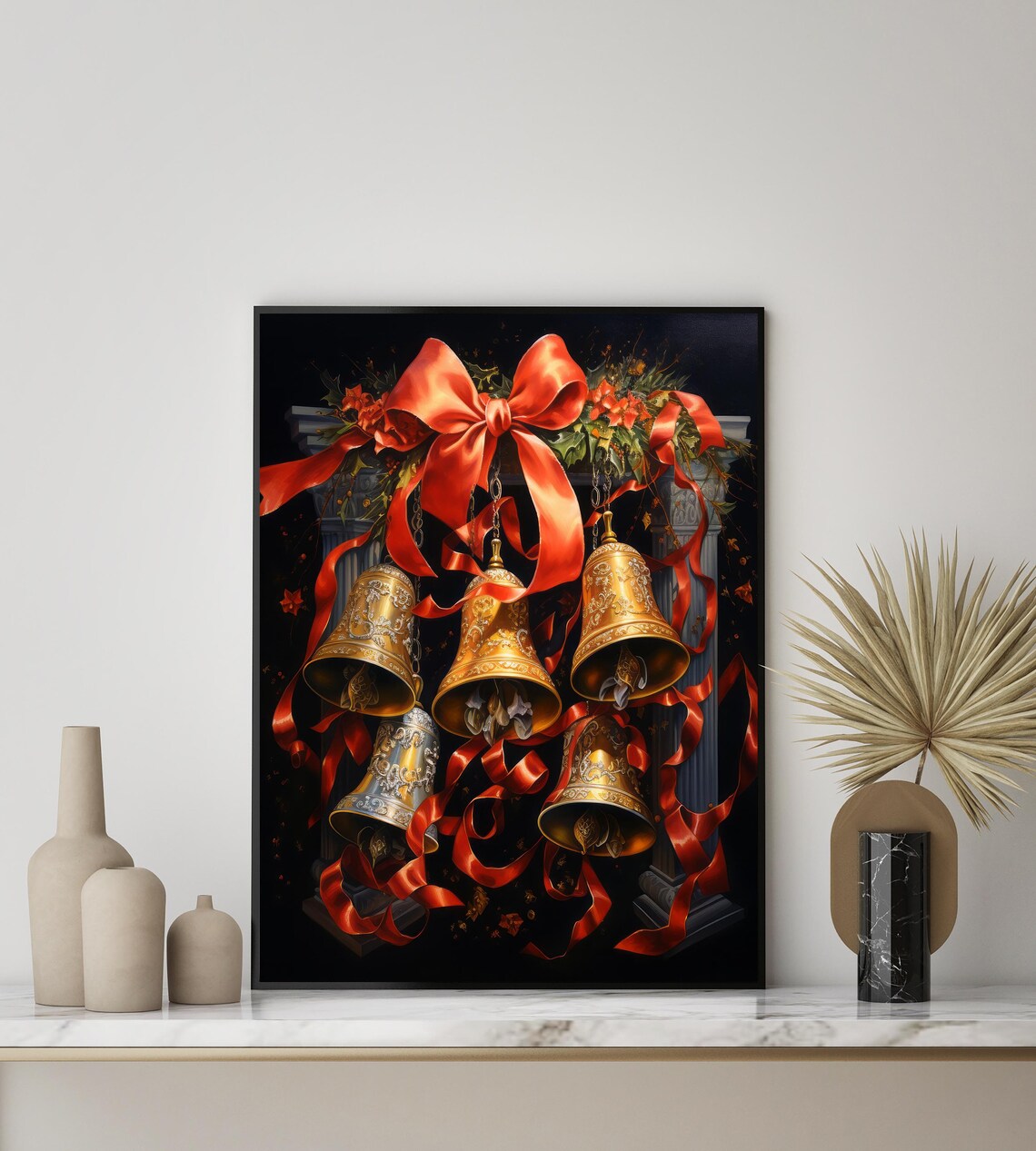 Golden Christmas Bells with Red Ribbons Elegant Holiday Decor Poster - Image 3