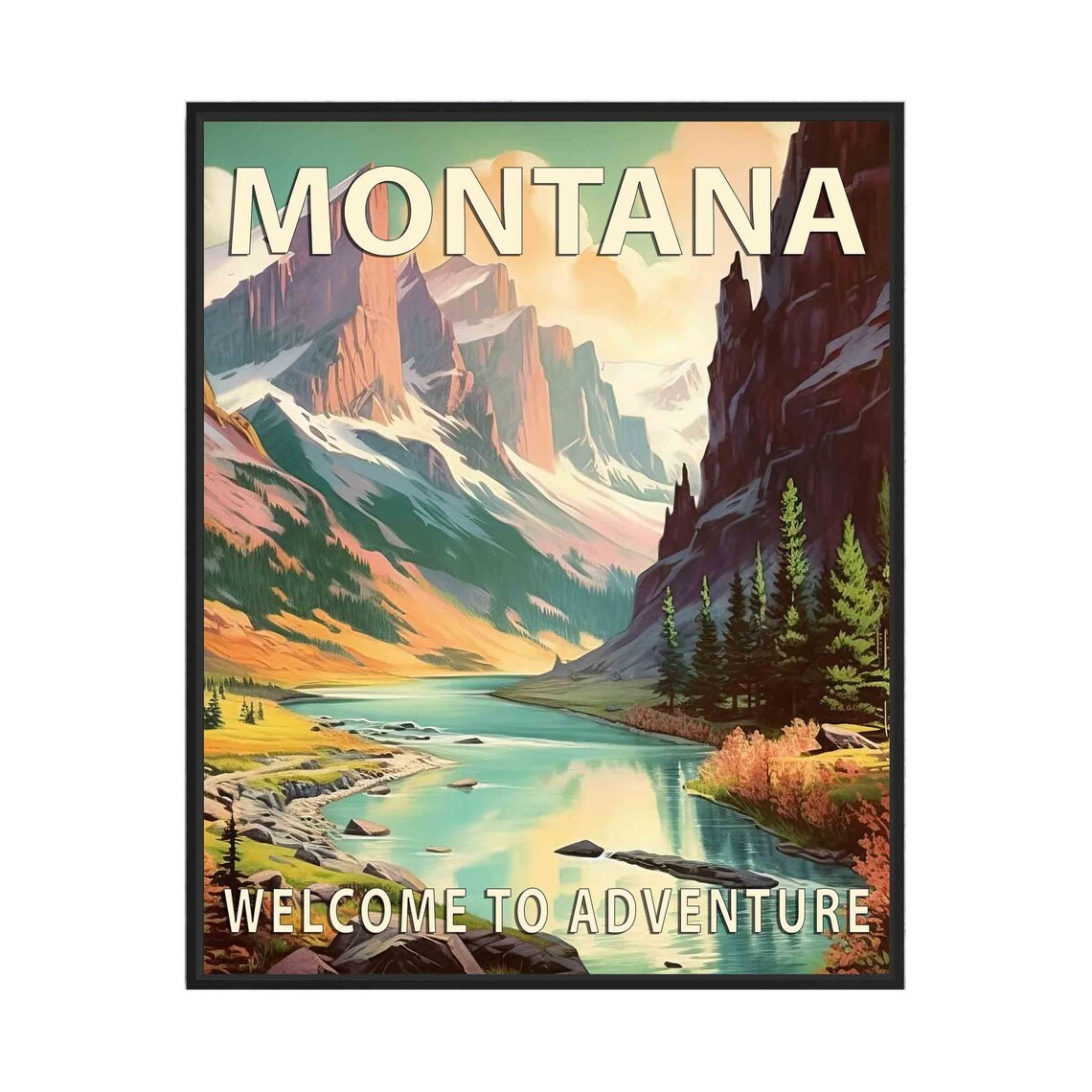 Montana Welcome To Adventure Mountain Lake Vintage Travel Poster