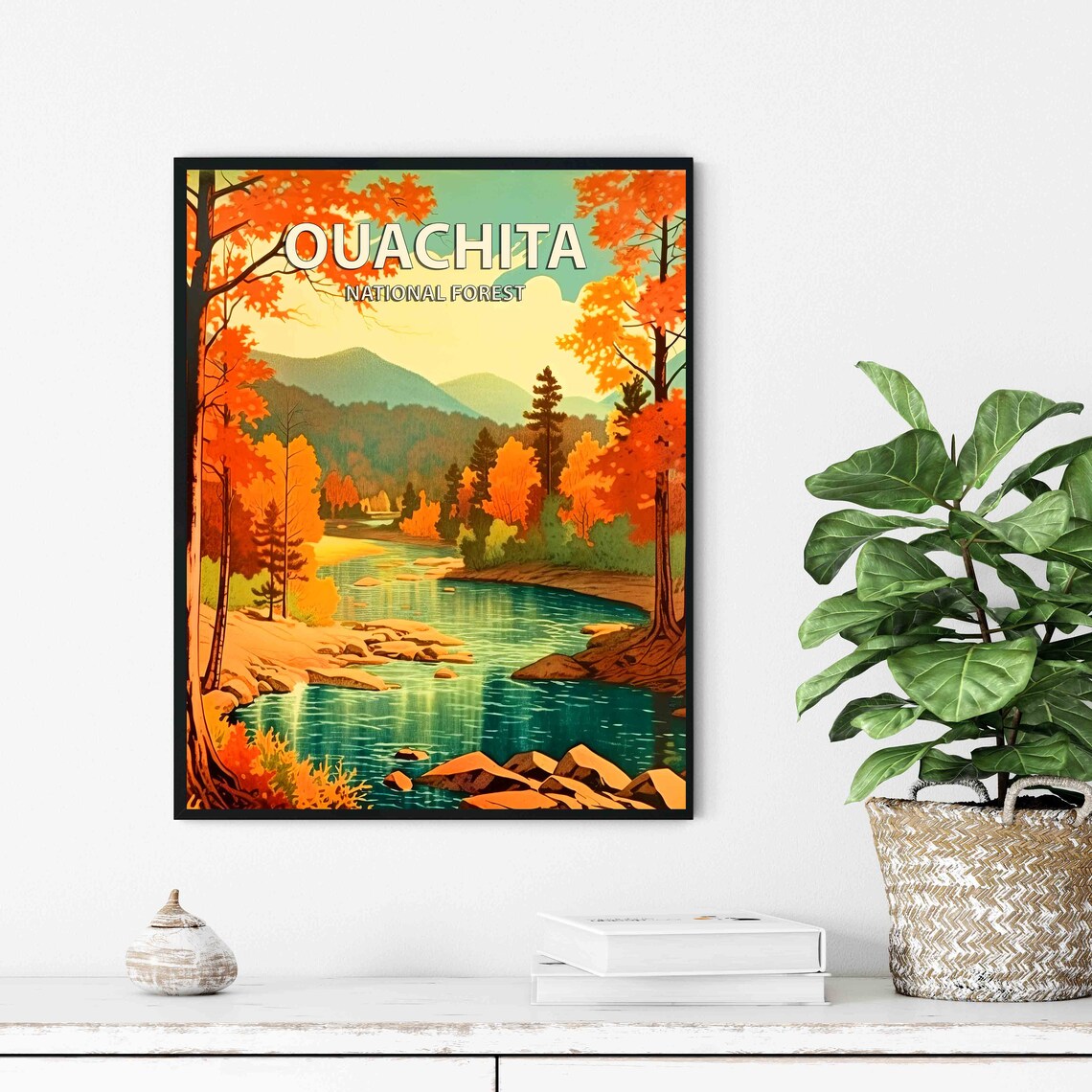 Ouachita National Forest Autumn River Valley Retro Art Poster - Image 2