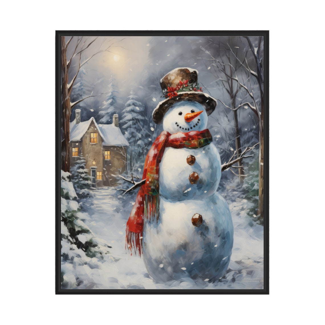 Jolly Snowman In Red Scarf Moonlit Snowy Village Winter Poster
