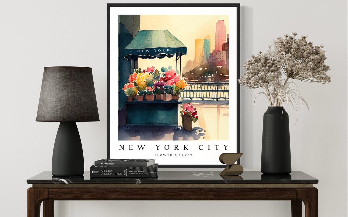 New York City Flower Market Watercolor Street Cart Skyline Poster - Image 2