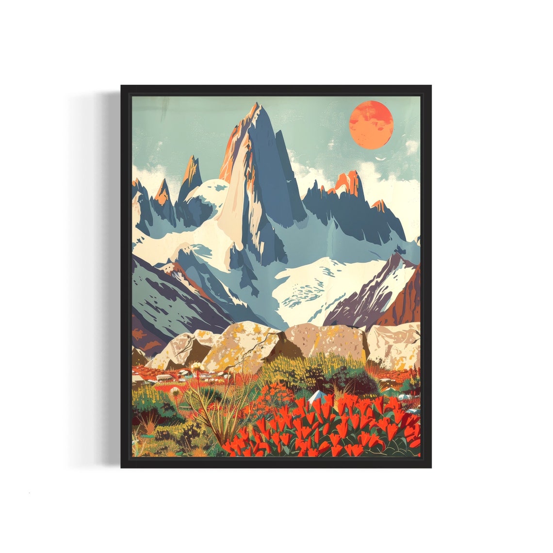Paine Massif Chile Snow Peaks Red Flowers Scenic Travel Poster