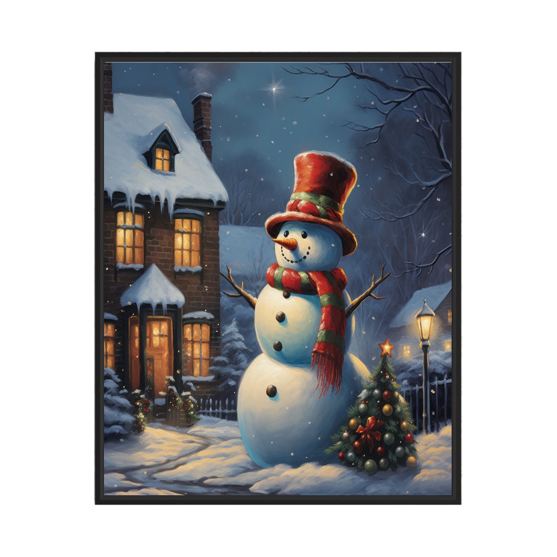 Smiling Snowman with Red Top Hat by Lit Cottage Christmas Poster