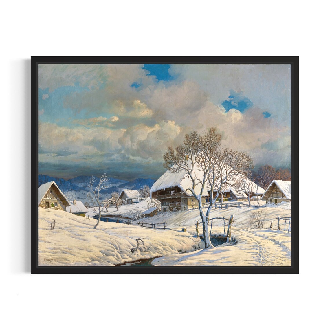 Alpine Farmhouse Village in Snow Vintage Winter Painting Poster