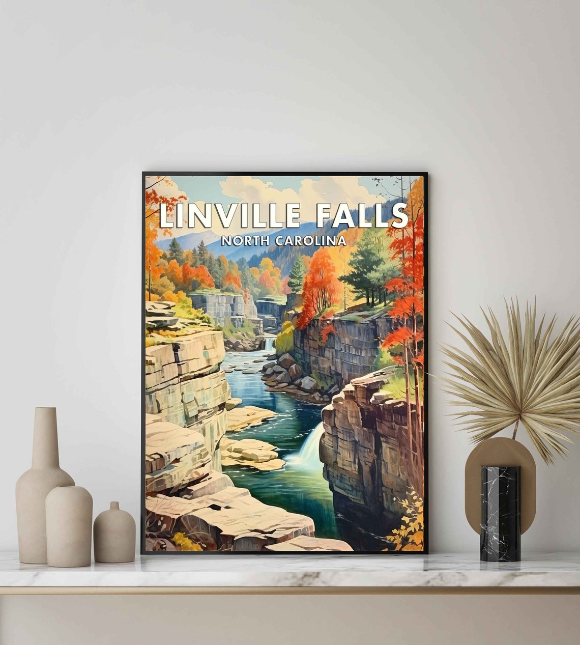 Linville Falls North Carolina Autumn Gorge Waterfall Travel Poster - Image 2