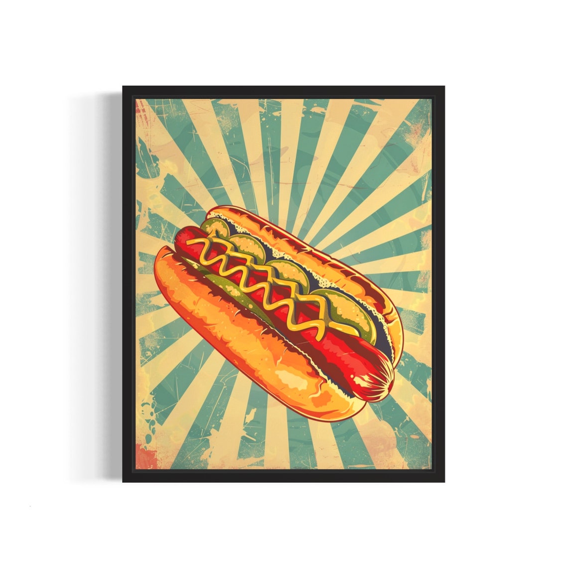 Retro Hot Dog Pop Art Poster with Mustard on Vintage Sunburst