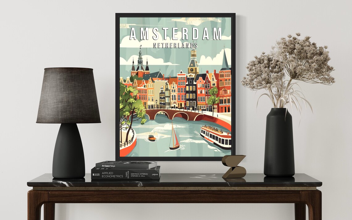Amsterdam Netherlands Canal Gabled Houses Bridge Retro Poster - Image 3
