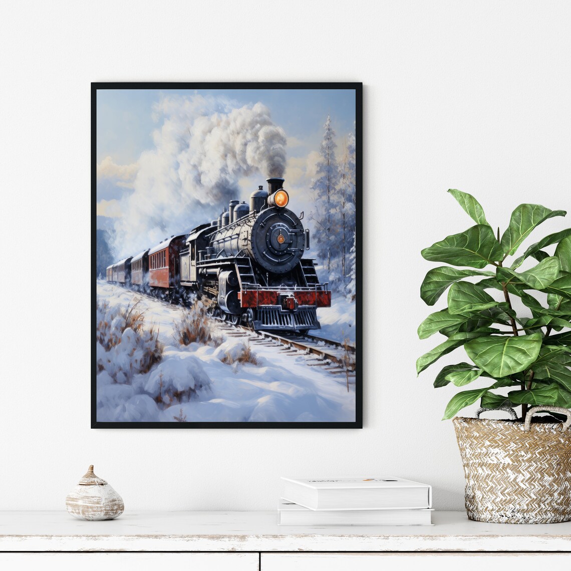 Vintage Steam Locomotive in the Snow Winter Railroad Art Poster - Image 3