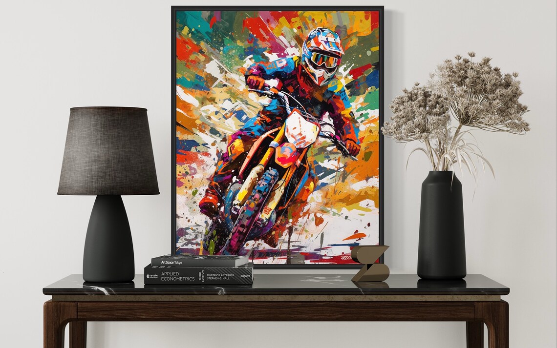 Supermoto Dirt Bike Racer in Bright Colorful Action Art Poster - Image 2