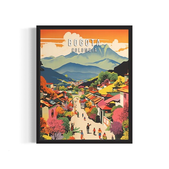 Bogota Colombia Sunset Street Andes Peaks Retro Travel Poster
