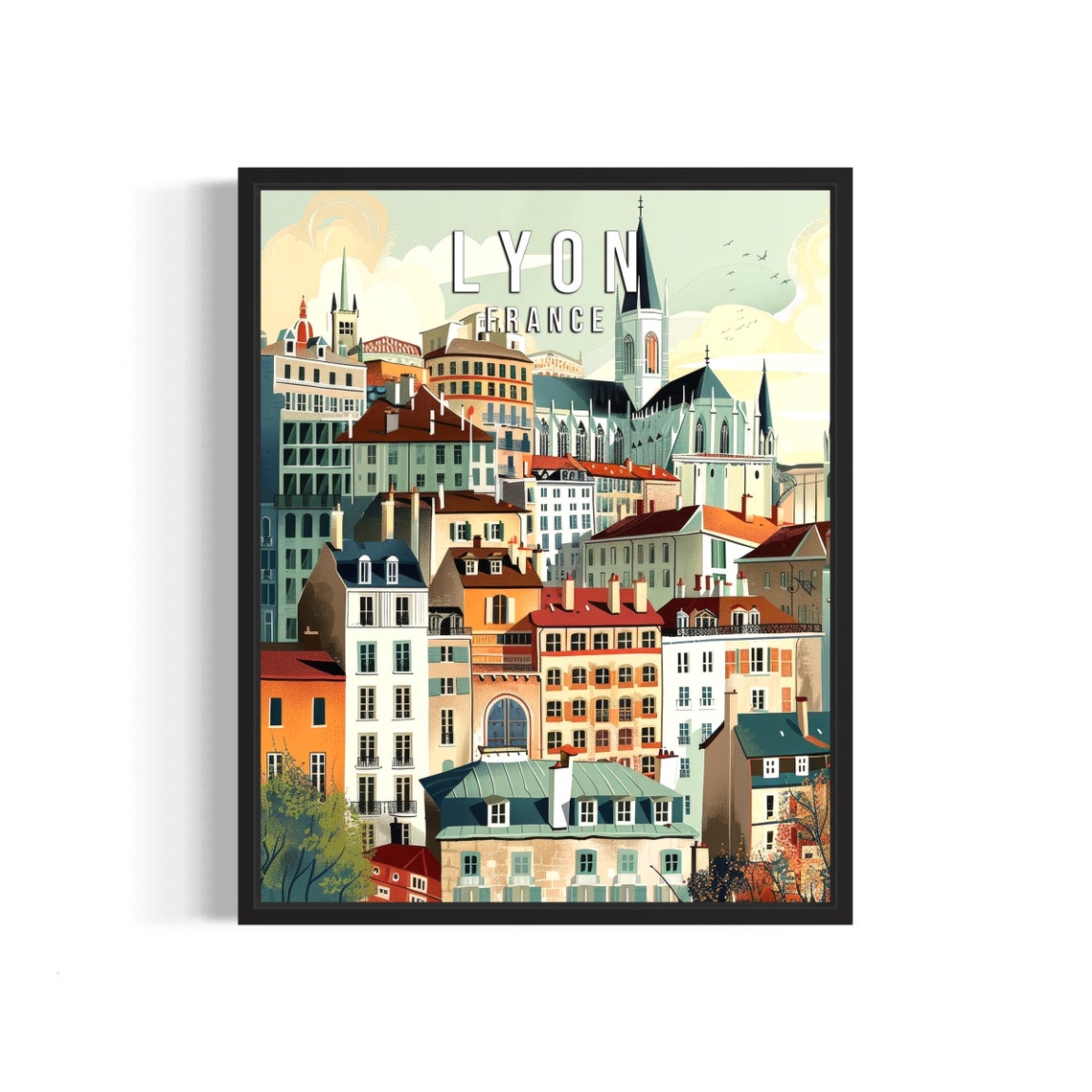 Lyon France Illustrated Cathedral Spires and Rooftops City View Poster