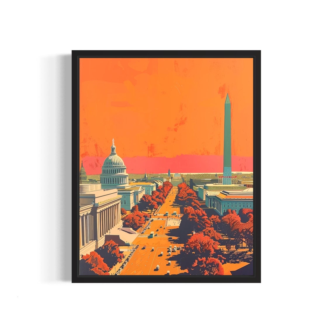 Washington DC Capitol and Monument Sunset Cityscape Art Poster