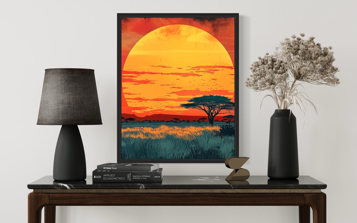 Serengeti Giant Setting Sun Over Acacia Savanna Silhouette Poster - Image 2