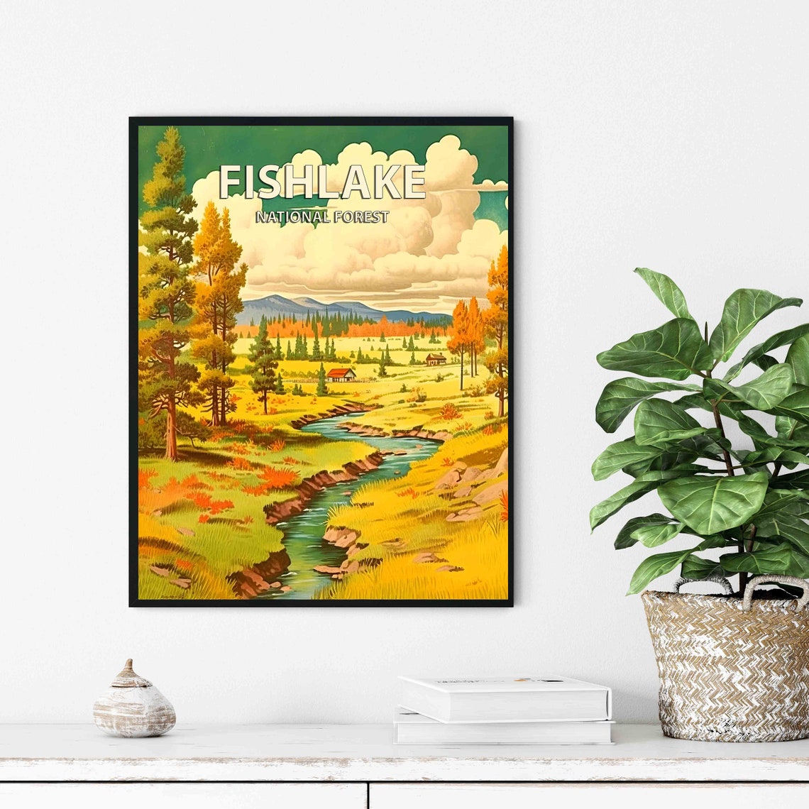 Fishlake National Forest Meadow Stream Cabin Retro Travel Poster - Image 2