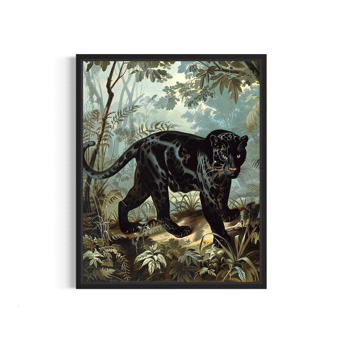 Black Panther in Lush Jungle Vintage Wildlife Painting Wall Art