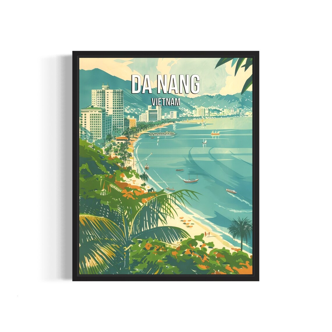 Da Nang Vietnam Beach Skyline Poster with Bay Boats and Mountains