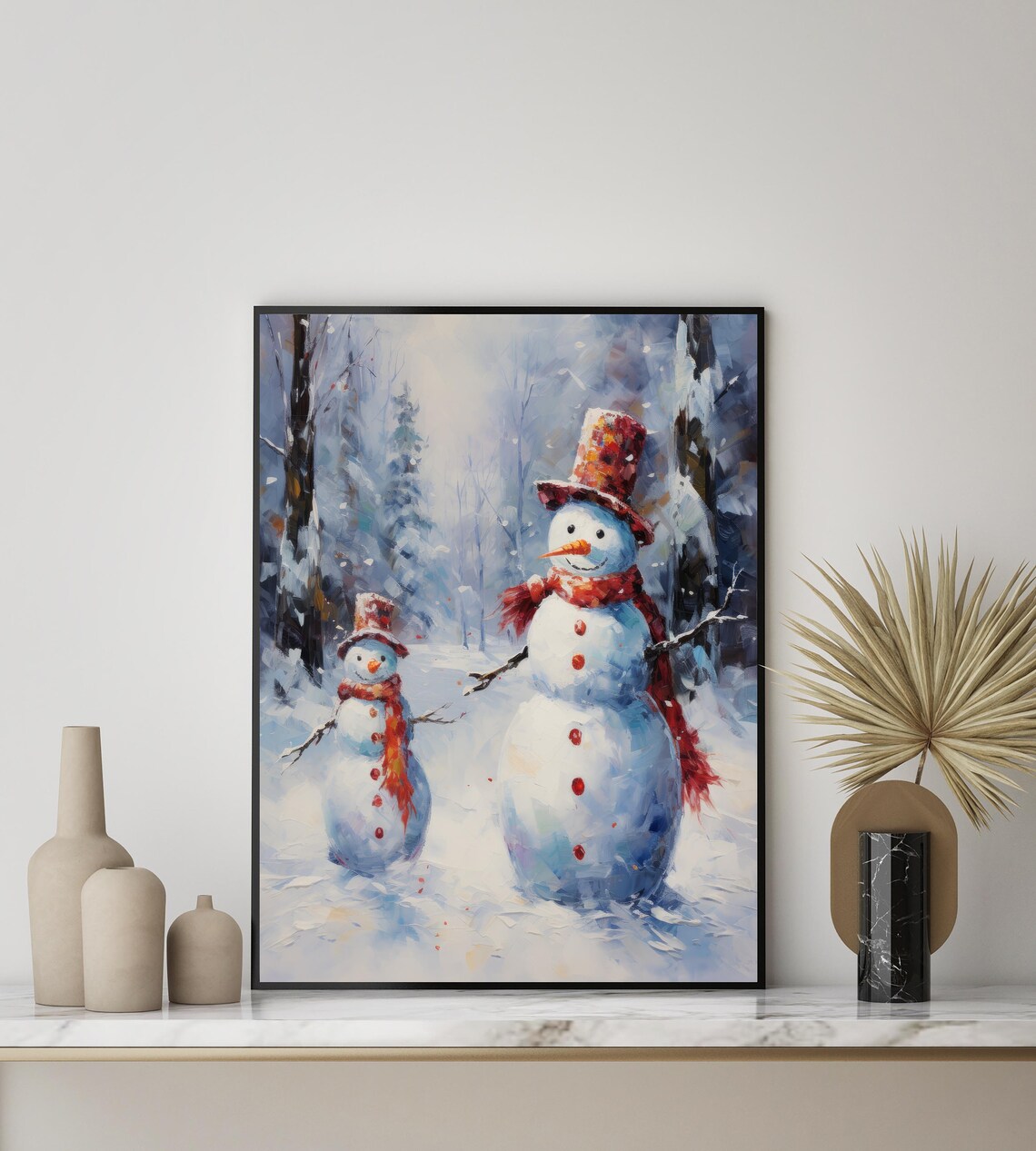 Two Cheerful Snowmen in Snowy Winter Forest Painting Christmas Poster - Image 2