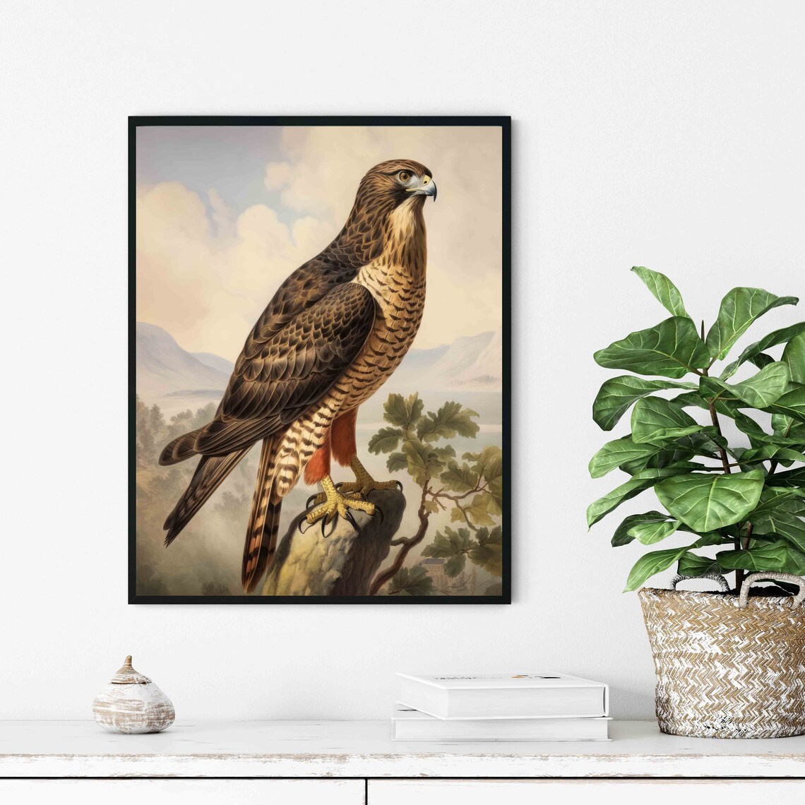 Majestic Hawk on Rocky Perch Vintage Realistic Wildlife Poster - Image 3
