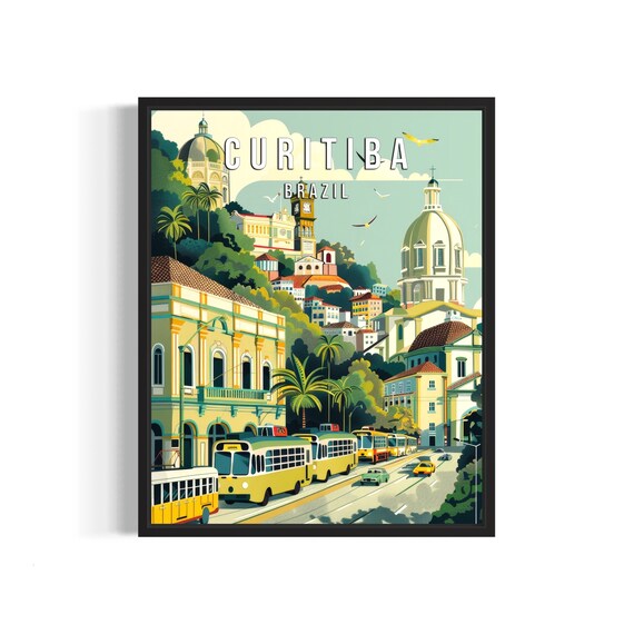 Curitiba Brazil Vintage Travel Poster Historic Street Buses Churches