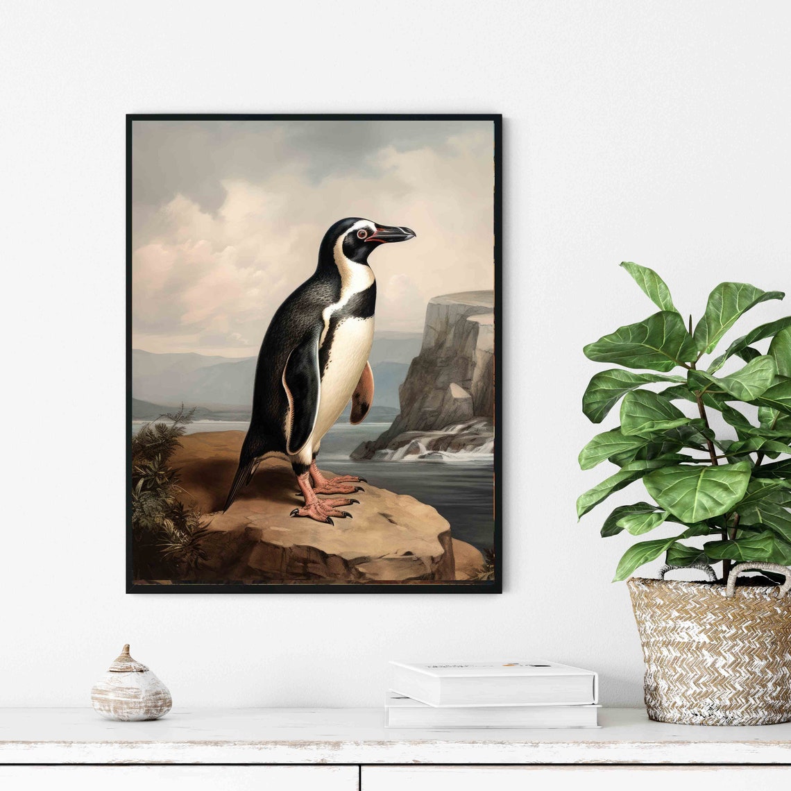 Penguin on Rocky Coastline Striking Vintage Seabird Art Poster - Image 3