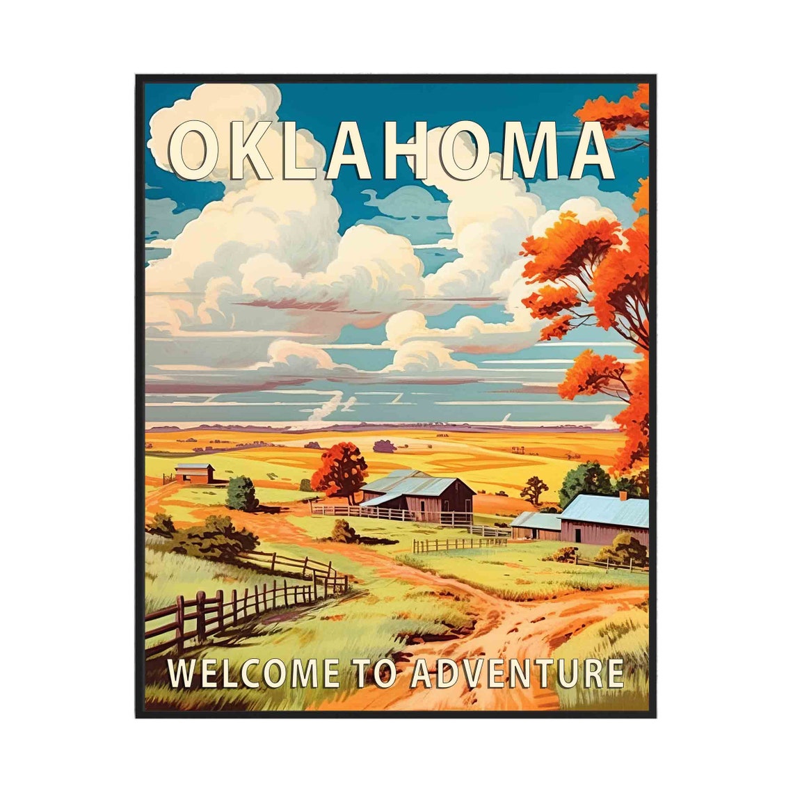 Oklahoma Countryside Farm Fields Under Big Clouds Retro Travel Poster