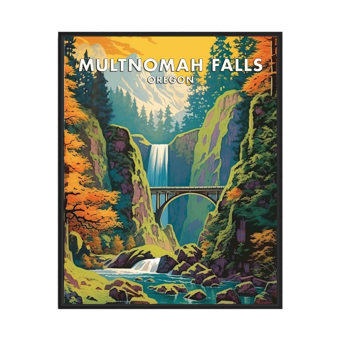 Majestic Multnomah Falls Oregon Waterfall Stone Bridge Poster