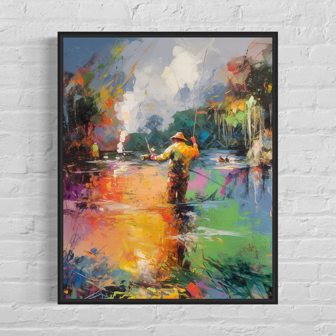 Fly Fisherman in the River Colorful Impressionist Art Poster