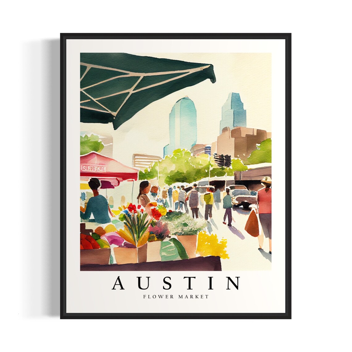 Austin Texas Flower Market Bustling Watercolor Travel Poster