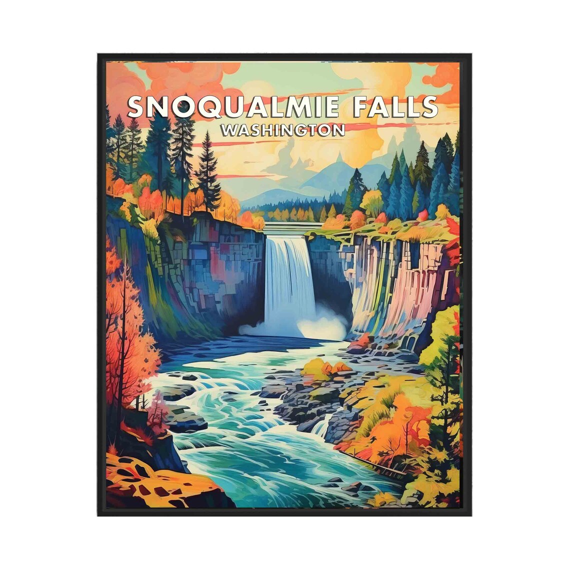 Snoqualmie Falls Washington Retro Autumn Waterfall Travel Poster Art