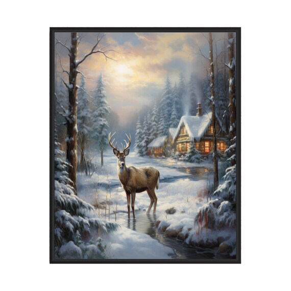 Majestic Stag Deer in Snowy Winter Forest with Lit Cabin Christmas Poster