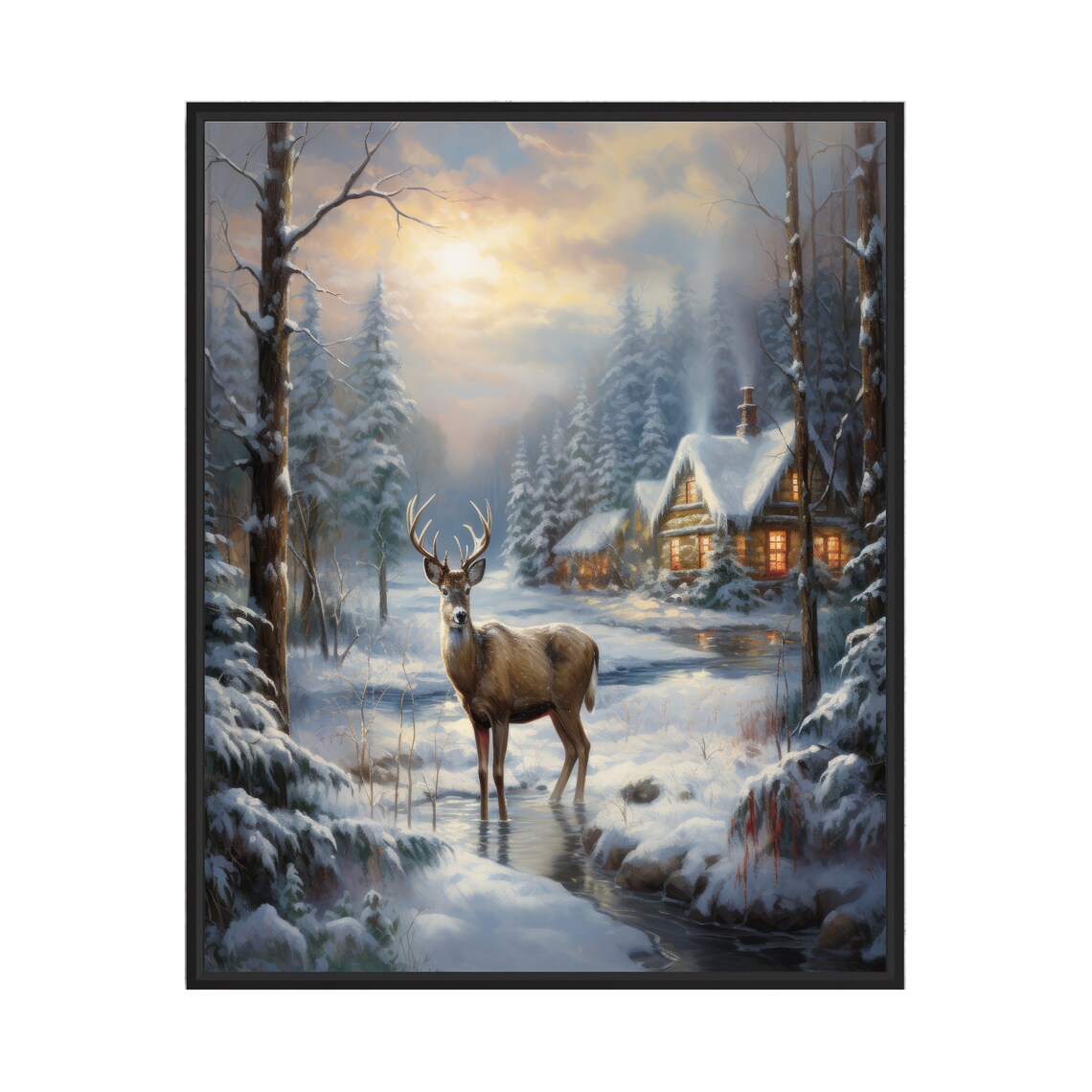 Majestic Stag Deer in Snowy Winter Forest with Lit Cabin Christmas Poster