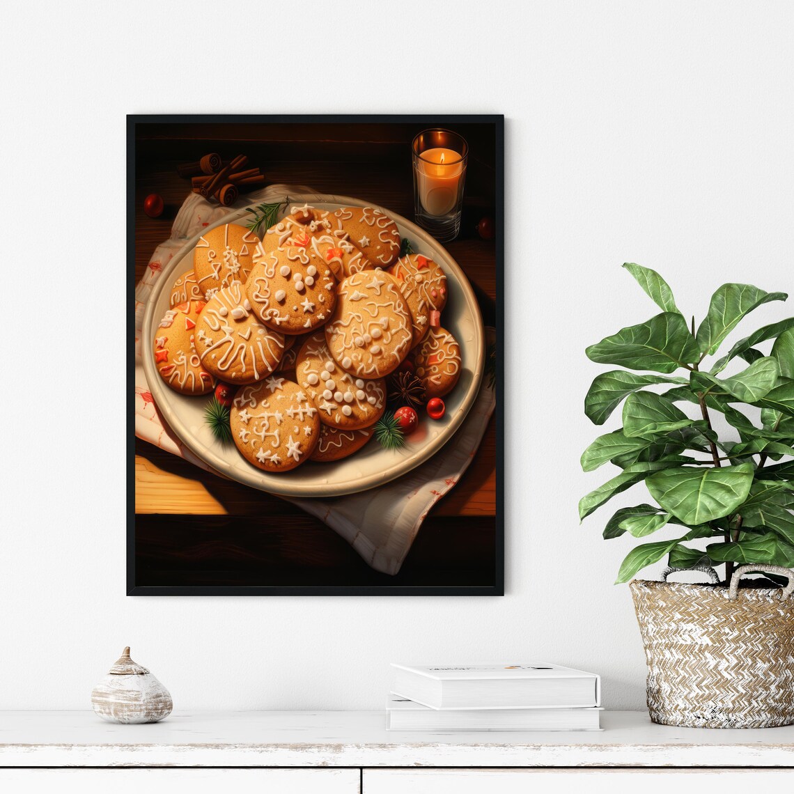 Plate of Iced Gingerbread Cookies with Candle Christmas Food Poster - Image 2