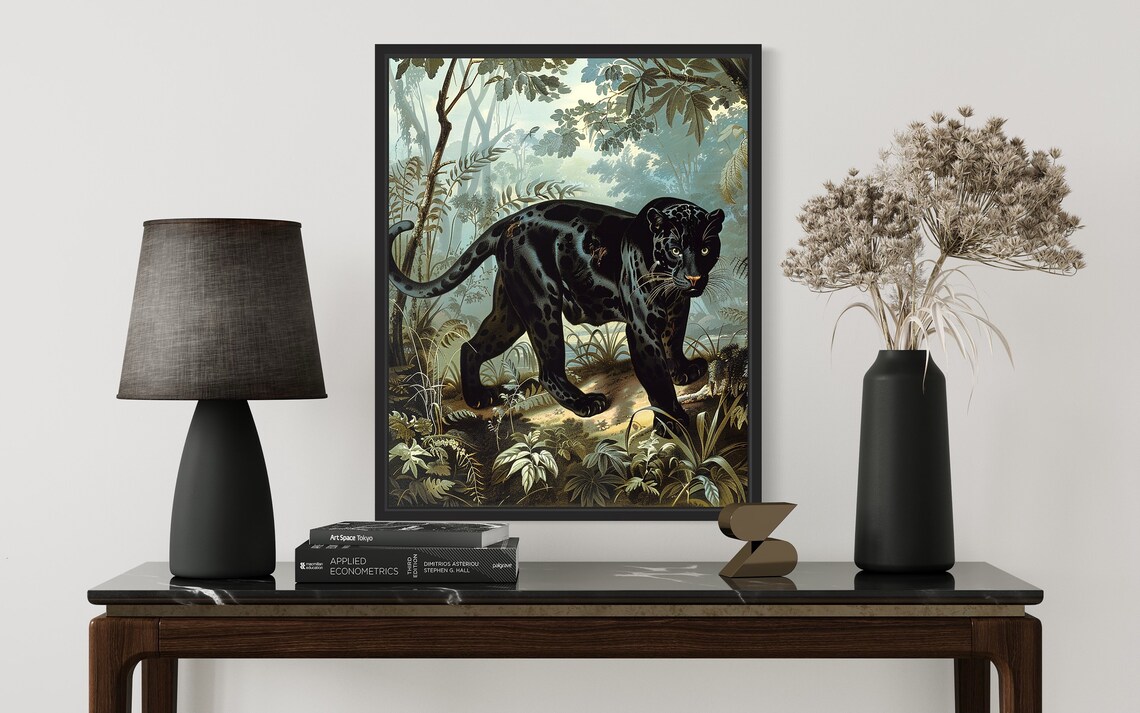 Black Panther in Lush Jungle Vintage Wildlife Painting Wall Art - Image 3