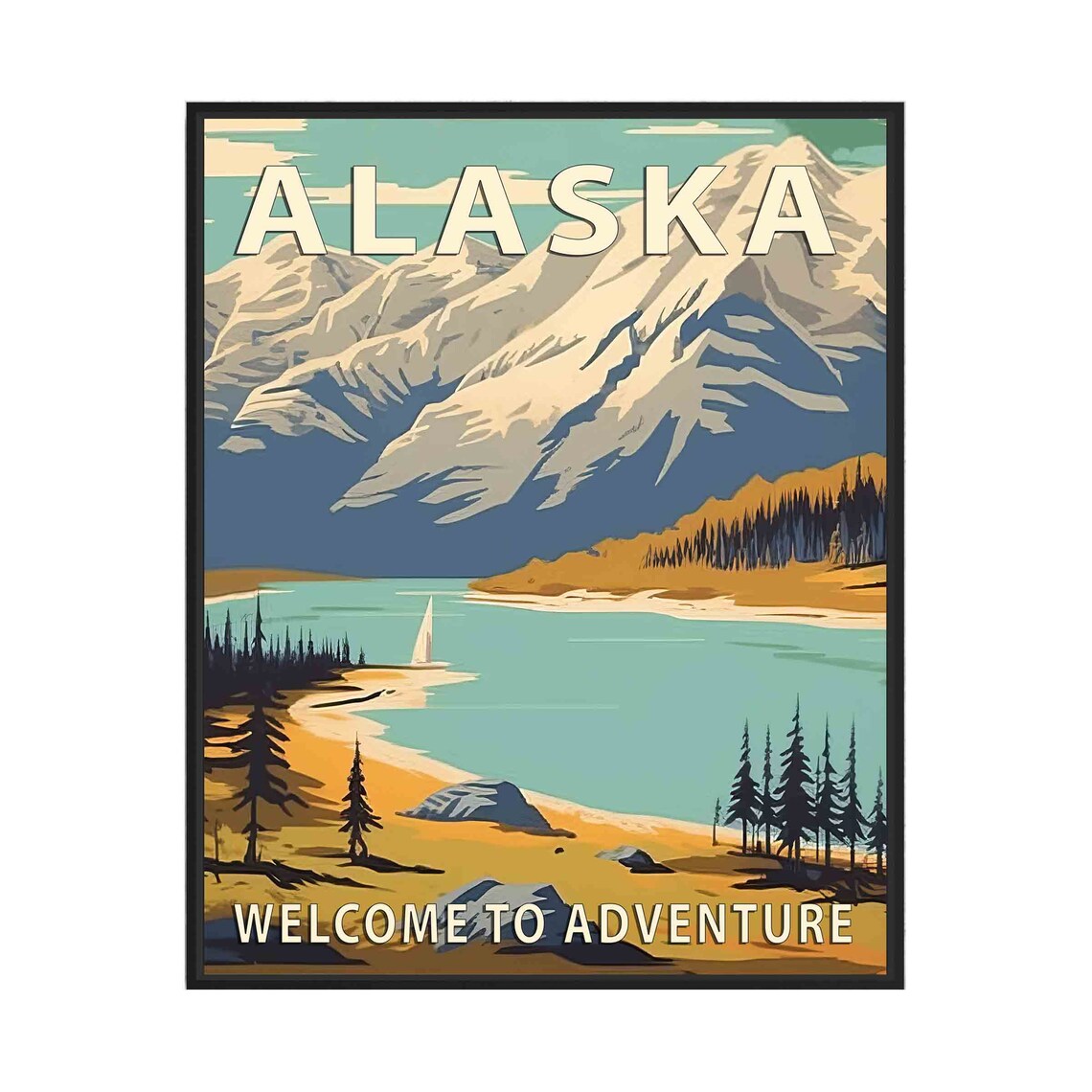 Alaska Mountain Lake Sailing Adventure Vintage Travel Poster
