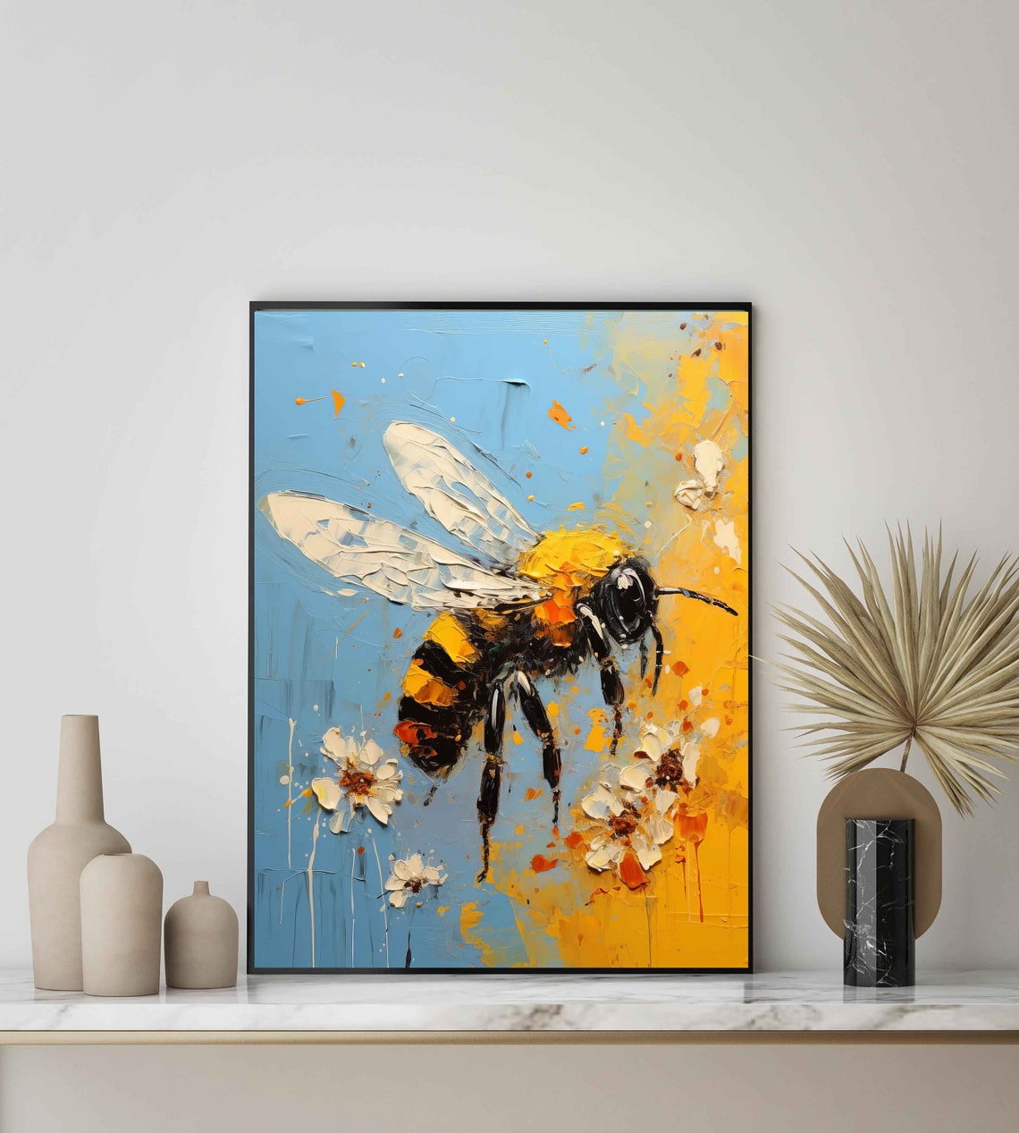 Bumblebee Hovering Over Flowers Blue Yellow Impasto Art Poster - Image 2