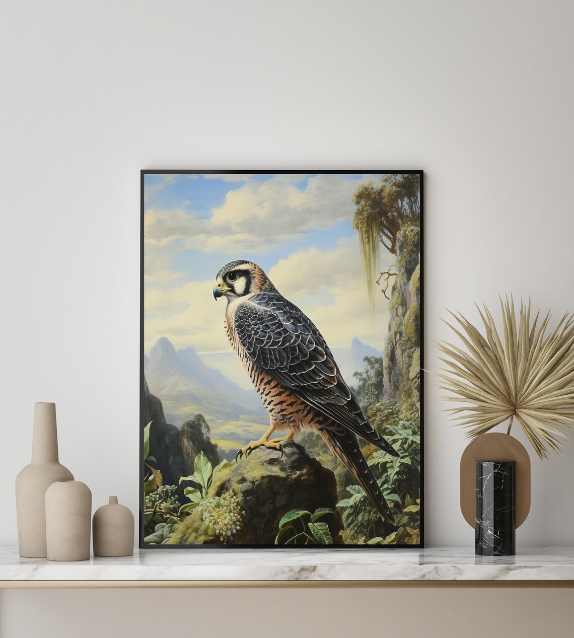 Lanner Falcon on a Mossy Rock in a Tropical Landscape Bird Poster - Image 3