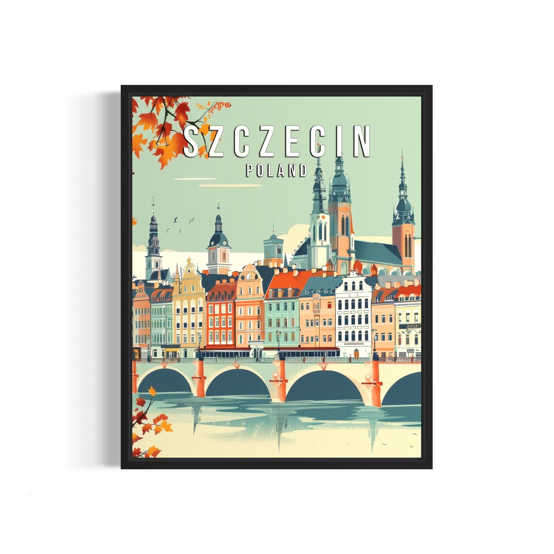 Szczecin Poland Riverside Old Town Bridge Retro Travel Poster