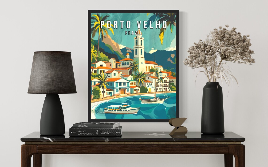 Porto Velho Brazil Retro Harbor Town Church Vintage Travel Poster - Image 2