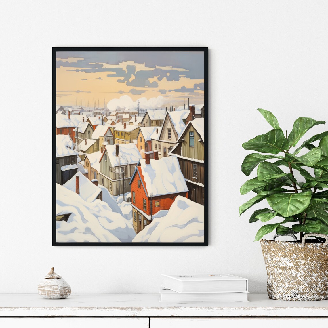 Snow Covered Rooftops of a Quiet Winter Town Painting Art Poster - Image 3