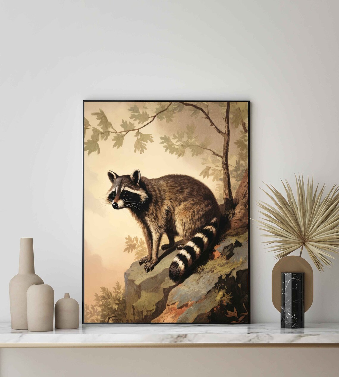 Raccoon on Forest Rock Curious Vintage Woodland Wildlife Poster - Image 2