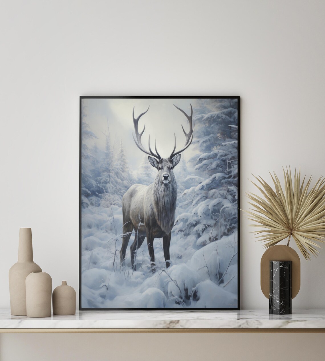 Majestic White Stag in Snowy Pine Forest Winter Wildlife Art Print - Image 2