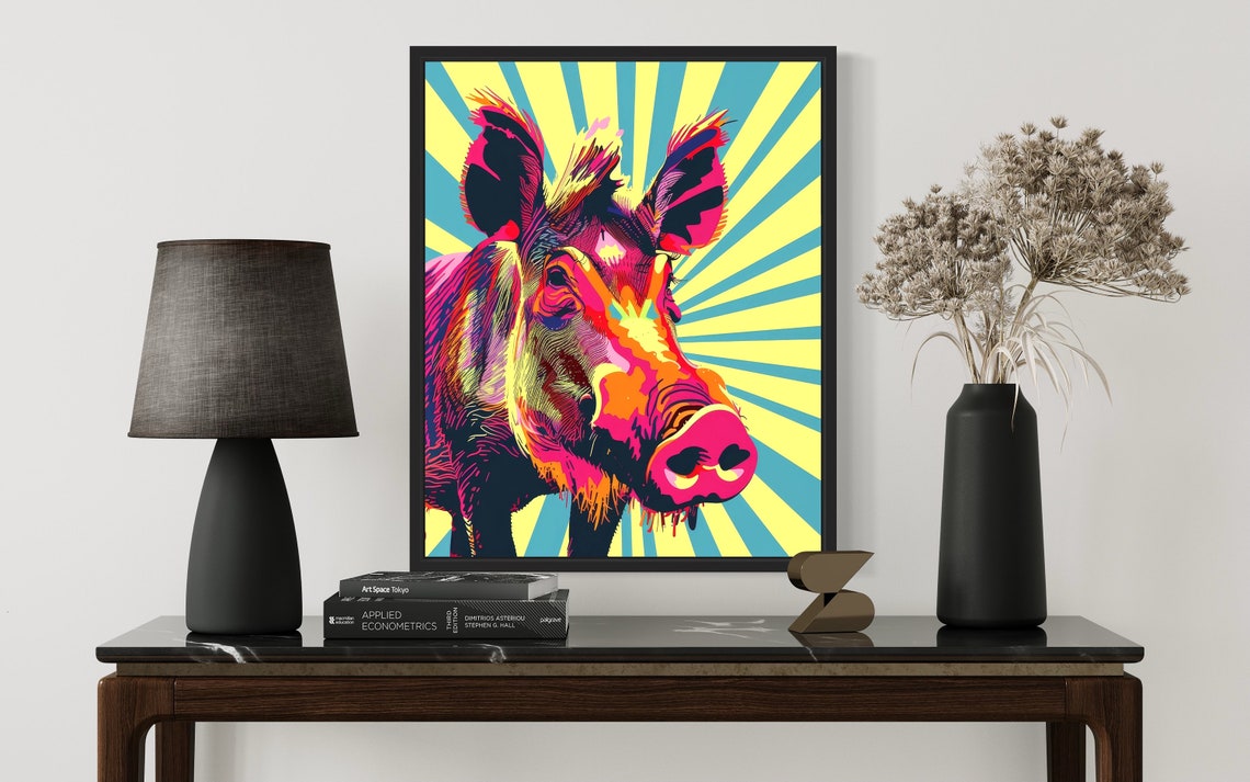 Warthog Neon Pop Art Portrait Bold Sunburst Background Poster - Image 3