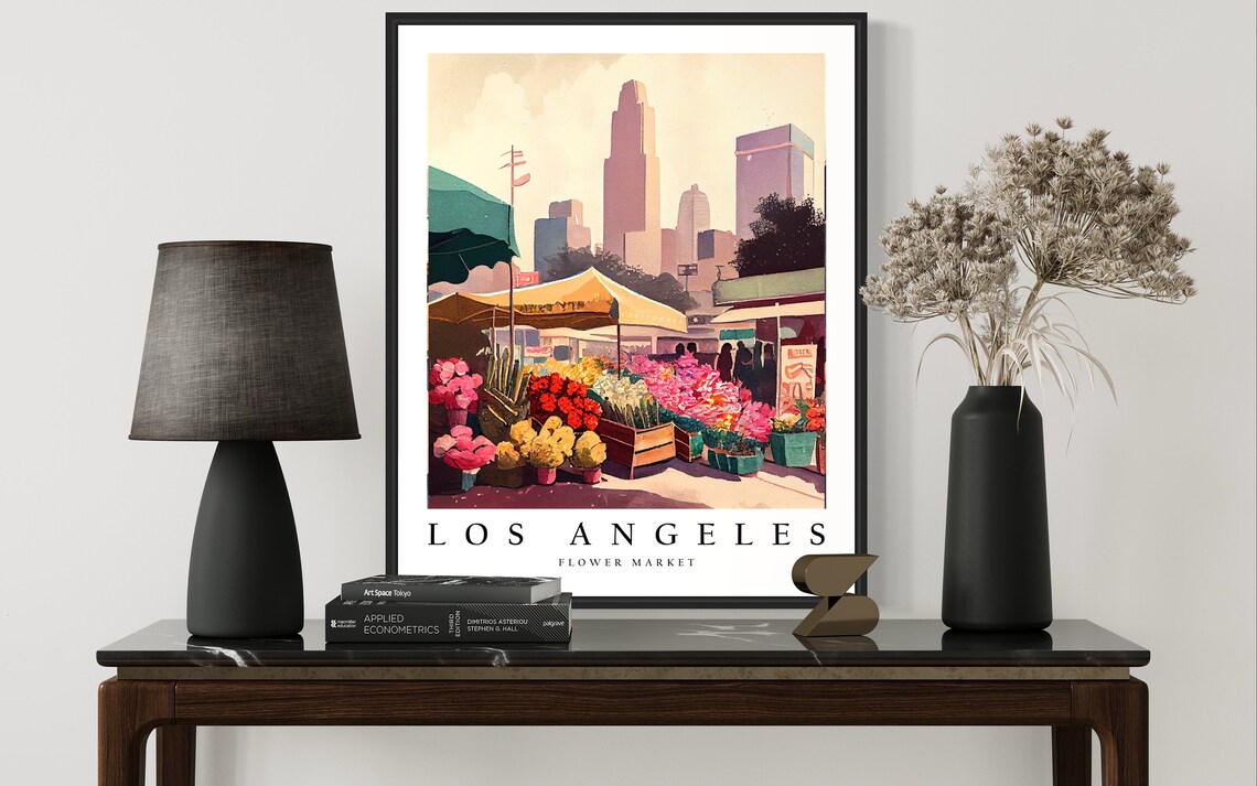 Los Angeles Flower Market Watercolor Skyline Botanical Art Poster - Image 2