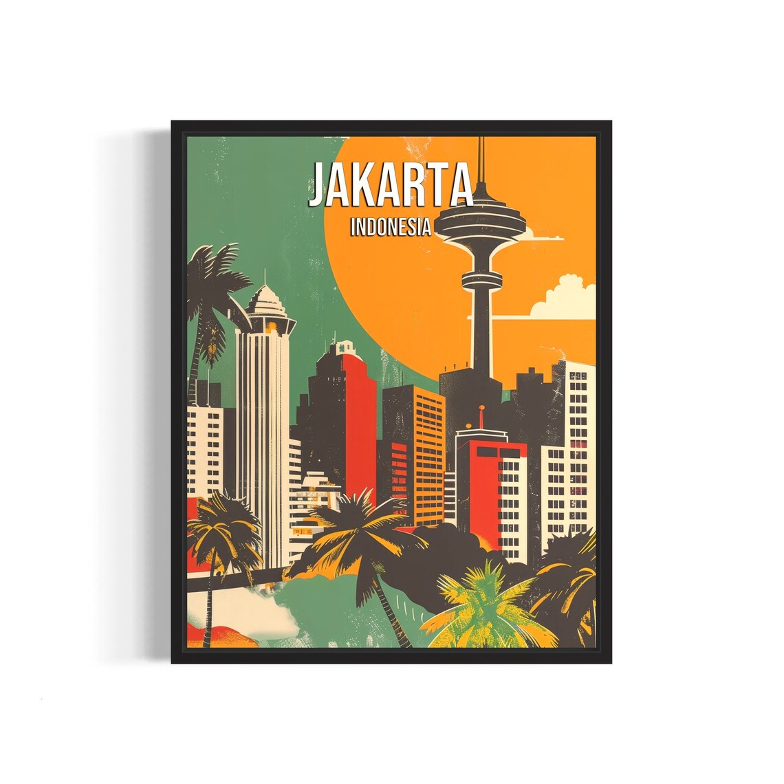 Jakarta Indonesia Bold Retro City Skyline Vintage Travel Poster