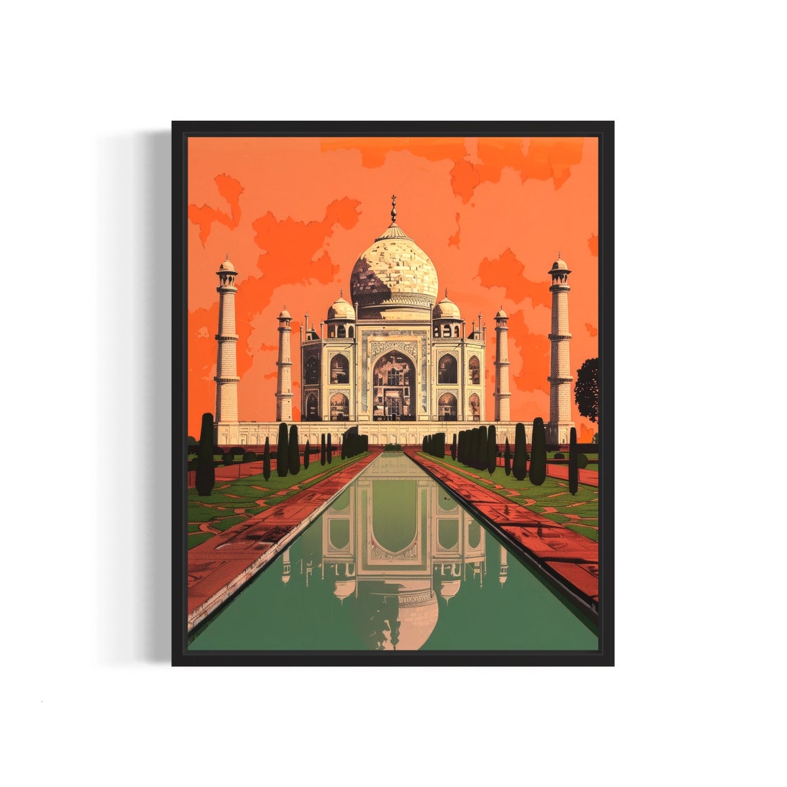 Taj Mahal Sunset Poster with Reflecting Pool in Orange Tones
