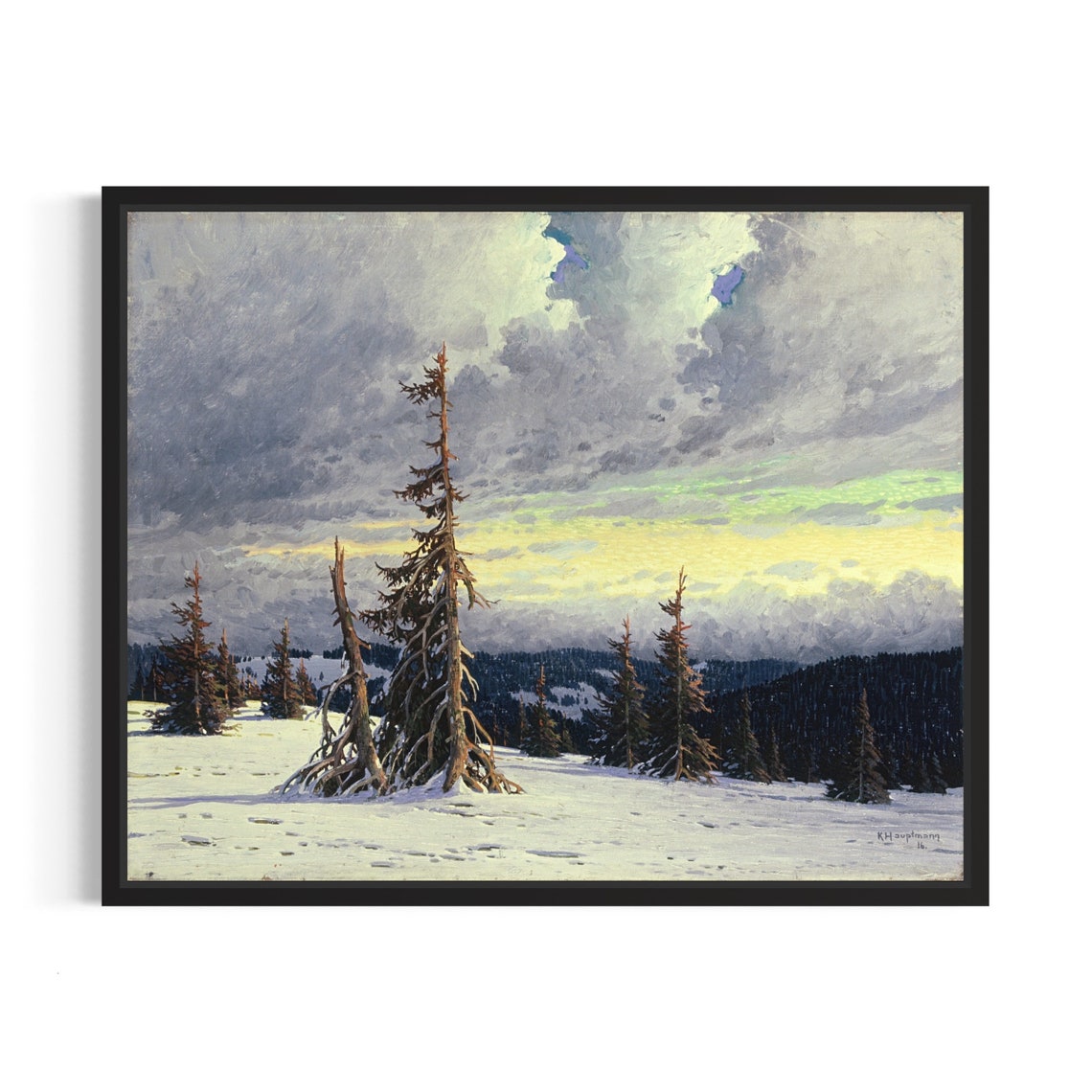 Winter Storm Over Mountain Spruces Dramatic Snowy Scene Poster