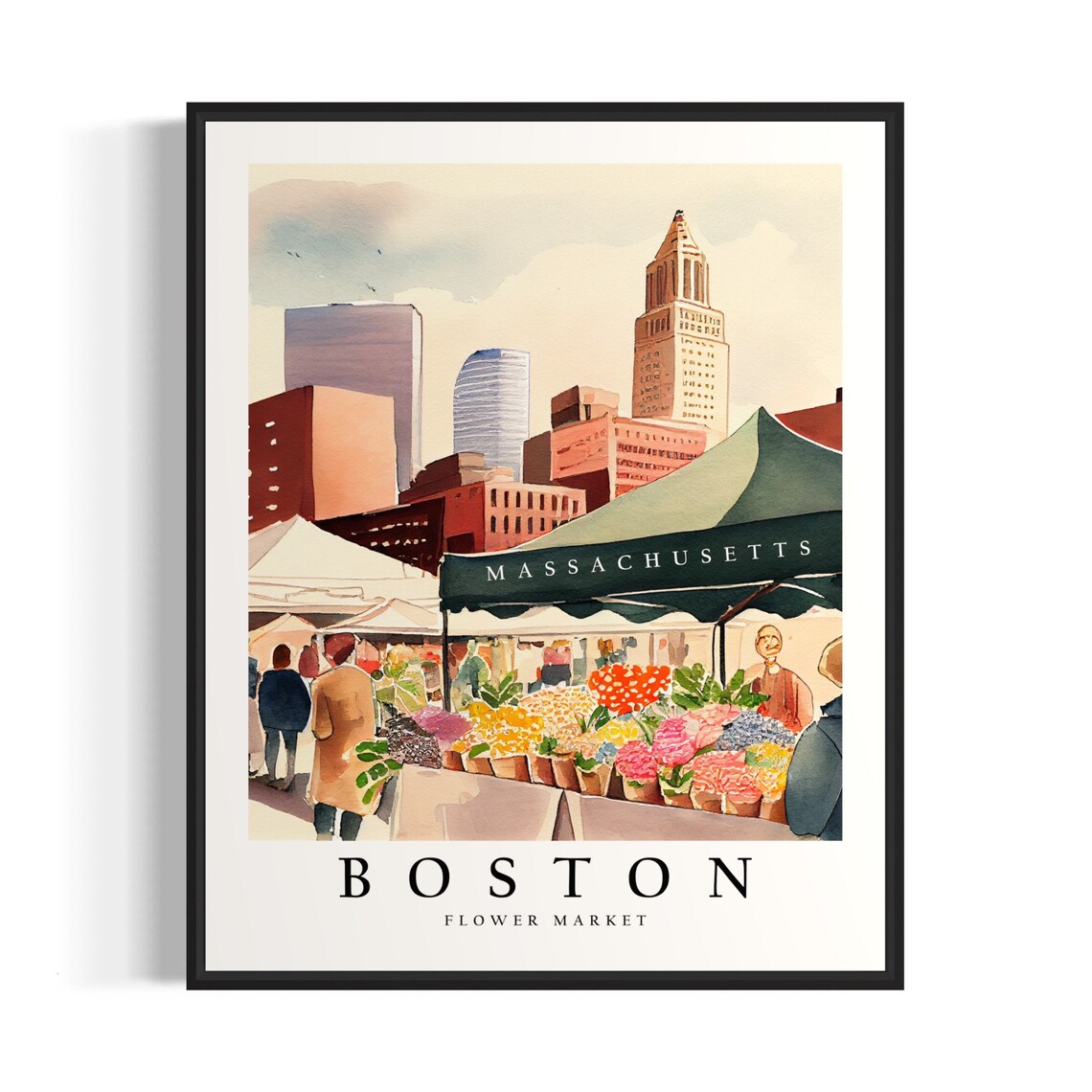 Boston Massachusetts Flower Market Bustling Watercolor Travel Poster