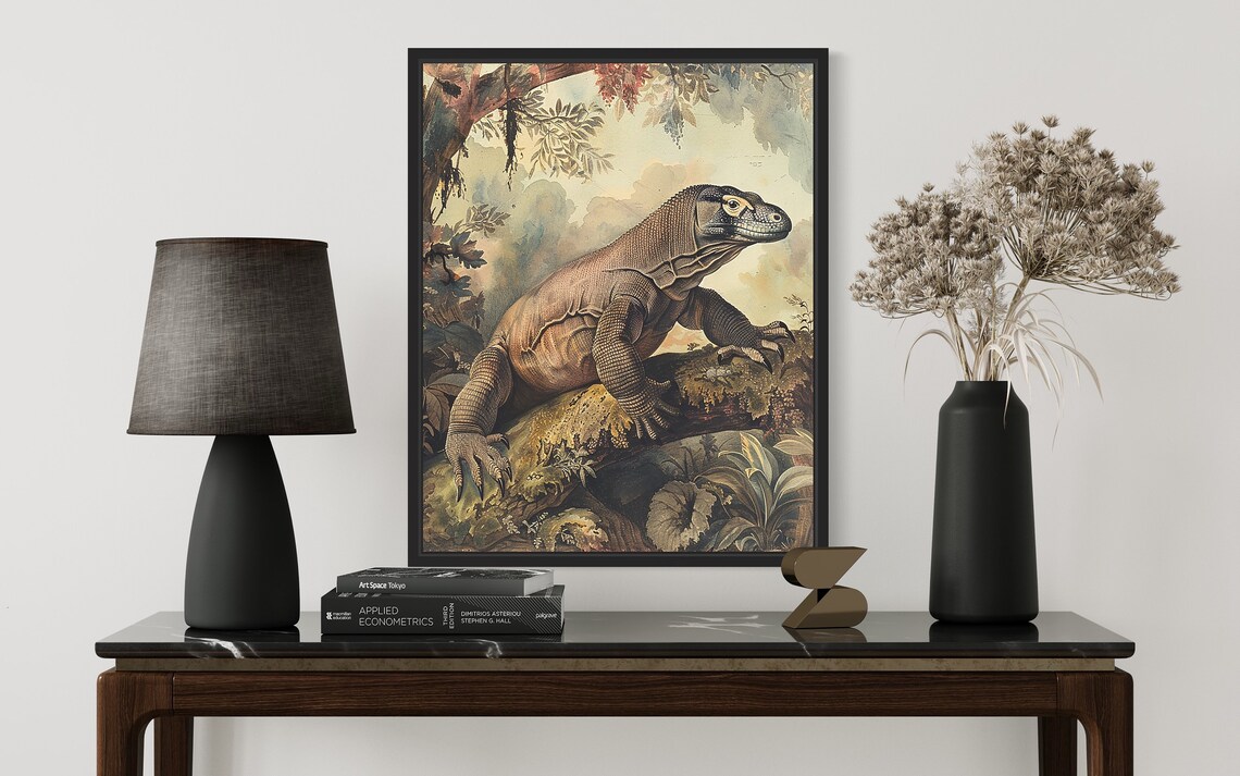 Komodo Dragon Vintage Wildlife Painting Exotic Reptile Wall Art - Image 3