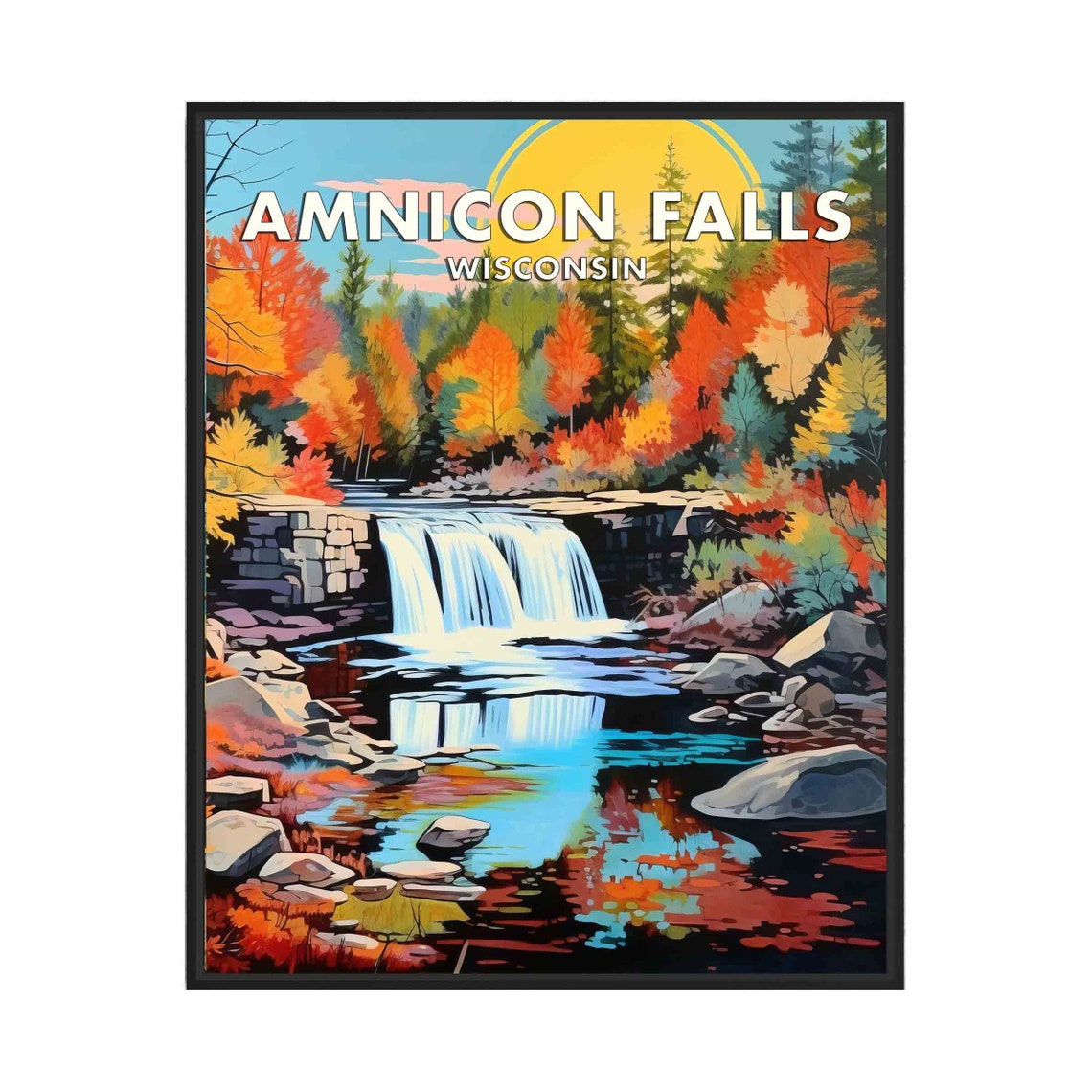 Amnicon Falls Wisconsin Autumn Waterfall Reflection Travel Poster