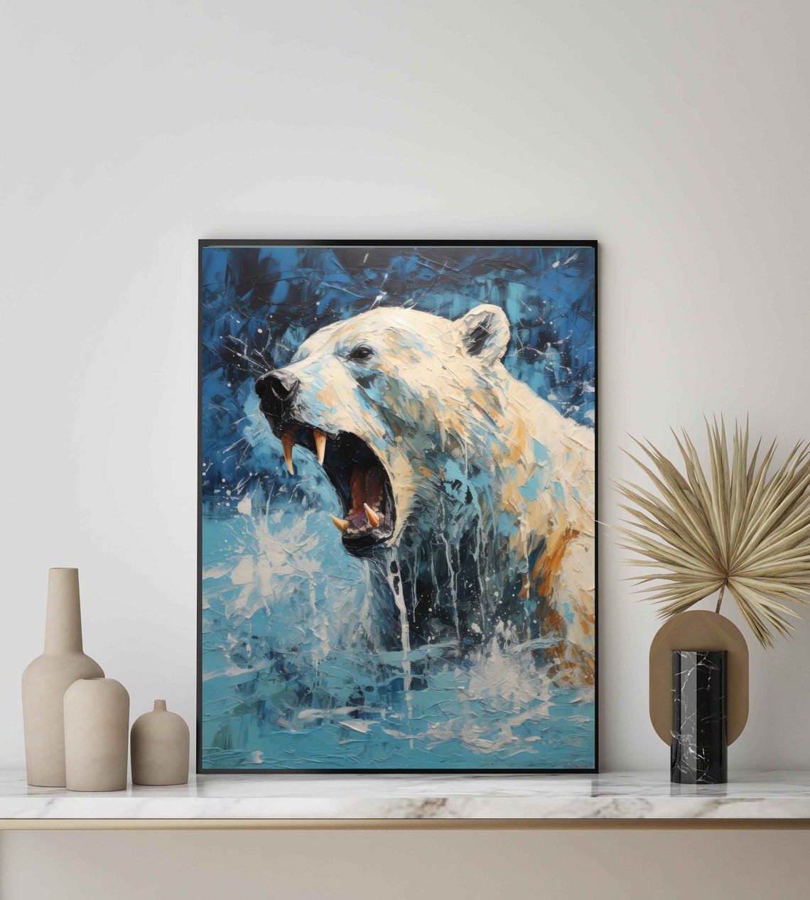 Polar Bear Emerging from Water Blue Impasto Wildlife Wall Art - Image 3